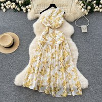 French Inspired Floral Chiffon Dress Alluring Off Shoulder Asymmetrical Waist Revealing Elegant See Through Dress