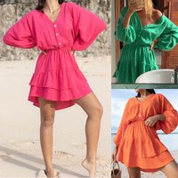 Fashion Style V neck Bat Sleeve Holiday Cotton Hemp Dress