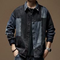 Vintage Washed Denim Shirt For Men, Distressed Long Sleeve Casual Jacket With Color Blocking, Loose Fit Retro Overshirt For Spring & Fall