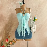 Women's Clothing Women's Halter Neck Tank Top Mesh Irregular Hem Metallic Decoration Style For Formal & Casual For Women