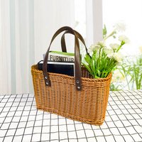 PhoenixCraft Handwoven Shopping Basket Eco Friendly Rattan Style Grocery Tote Leather Handles