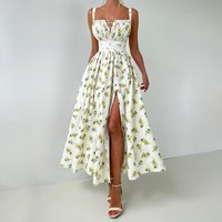 Clothing Pure Cotton Suspender Skirt Summer Style Slit Waist Tie Long Skirt Printed Dress