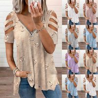 Summer Cold Shoulder V Neck Zipper Printed Hollow Out T Shirt Casual Loose Blouse Tunic Tops High Quality Clothing