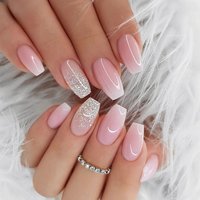 Press on 24Pcs Nails Pink Gradient False Nails with Sequins Design Mid-length Ballet Coffin Fake Nails Full Co