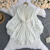 Clothing Collar Lace Bow Tie Lantern Sleeve Pearl Button Dress