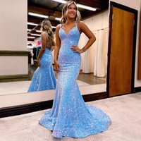 Sequined Ball Gown Slim Hip Wrapped Fishtail Small Trailing Evening Gown Spaghetti Straps V Neck Party Dress
