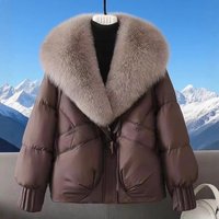 Women's Clothing Short Puffer Jacket With Fox Fur Collar - Cozy Winter Coat, Thicken Warm Fleece Lining, Loose Fit, Zipper Closure, Multiple Colors