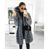 Fashion Solid Plush Hooded Mid length Coat