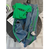 Women's Clothing Outfit With A Complete Set Of Fashionable Green Straight Shoulder T Shirt High Waist Ripped Jeans Two Piece Suit