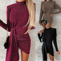 Women's Clothing Hot Gold Fashion Long Sleeve Dress Casual Party Turtleneck Dress