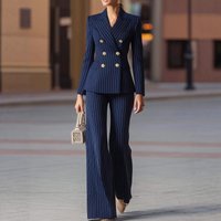 Women's Clothing Chic Striped Blazer & Pants Set – Slim-Fit Office Suit For Women, Professional & Stylish (Navy, Black)