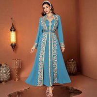 "Lace Trim V Neck Belted Dress Elegant Two Piece Style Maxi Dress Embroidery & Metallic Accents Peacock Long Sleeve Gown"