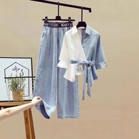 2025 European American Foreign Trade Spring Outfit: Women's Patchwork Faux Shirt And Slim-fit Jeans Two-piece Set