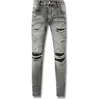 Men's Distressed Jeans With Leather Panels - Slim Fit Grey Denim Pants, Streetwear Patchwork Designer Jeans For Men