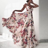 Women’s  Spring Summer backless Print Large Hem Sleeveless Strappy Floral printing Dress