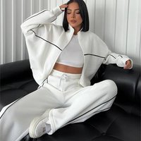  Polyester Blend Stand Collar Zip Hoodie & Striped Drawstring Pants Set Casual Streetwear 