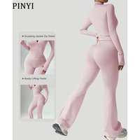 Women's Solid Color Long Sleeve Zip-Up Activewear Set With High-Waisted Flared Leggings & Quick-Dry Yoga Outfit