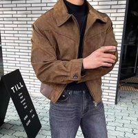 Winter Faux Suede Bomber Jacket Stand Collar Trendy Loose Fit Zip Up Outerwear Casual Streetwear