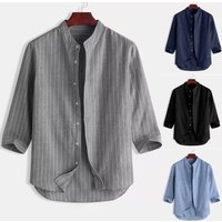 Men’s Clothing Men’s Linen Shirt Stand Collar Cardigan Loose Casual Breathable Linen Shirt Youth Three Quarter Sleeve Tops Men