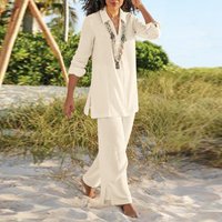 Clothing Plus Solid National Style Retro Pants Suit Cotton Linen Casual Long Sleeved Loose Cotton Suit