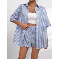 Women's Clothing Elegant Women's Two Piece Casual Striped Shirt Spring/Summer Short Sleeved Purple And Pink Style