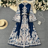 Women's Clothing Spring new style retro printed round neck bell sleeve dress women's single breasted large hem irregular pleated long skirt