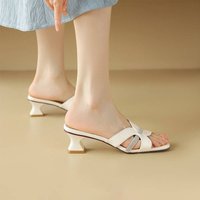 Cameido Women's Mid-heeled Fashion Slippers For Outdoor Wear With Square Toes, Open Toes, Rhinestone Straps And Thick Heels