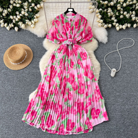 Women's clothing French high-end round neck puff sleeves single-breasted waist printed dress for women, slim and elegant pleated chiffon skirt