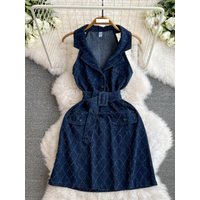 Women's Clothing spring and autumn styles this year's popular denim skirts retro suit collar diamond pattern mechanism waist slimming dress for women