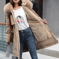 Women's parka cotton-padded woman slim Korean version medium long big fur collar with velvet lining cotton-padded woman coat
