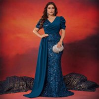 Elegant Plus Sequin Embellished V Neck Short Sleeve Cocktail Party Dress 