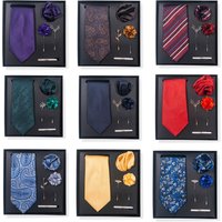 2024 Hot Selling Fashion Tie Business Trendy Clear Striped Cashew Nut Tie 6 piece Gift Box Square Scarf Tie Clip Bust Set