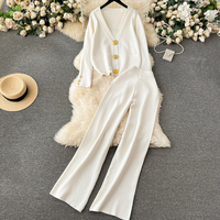 Clothing small dress versatile metal button long sleeved cardigan sweater wide leg pants knitted two piece suit