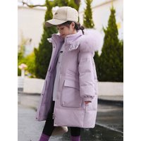 Children's Mid-Length Thickened Hooded Down Jacket Winter Outerwear For Girls Fashionable Coat Medium Size For Big Kids