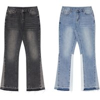 Washed Jeans Artistic Splatter Paint Distressed Details Straight Leg Midweight Cotton Mid Waist Zipper Fly Gray High Street Fashion S