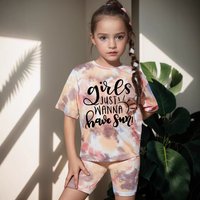Mother & Kids INS Girls Summer Casual Tie Dye Full Print Round Neck Short Sleeve 2 Piece Set Fashion Casual Suit