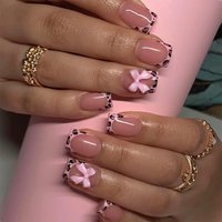 Short bright face Europe and the United States cross-border foreign trade pink leopard contrast color bow wearing armor false nails removable 24 piece