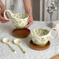 Ceramic Coffee Cup with Spoon Breakfast Oatmeal Bowl Heated Milk Mug with Curved Handle Lily of the Valley Design