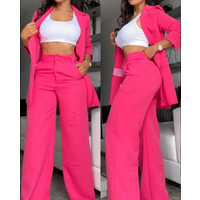 Elegant Solid Slit Lapel Suit Pockets Straight Leg Pants Two Piece Suit