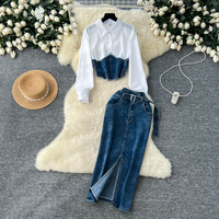 Women’s Clothing Goddess Style Fashion Splicing Two Piece Long Sleeved Shirt Women's Belt Waist Denim Skirt Two Piece Suit