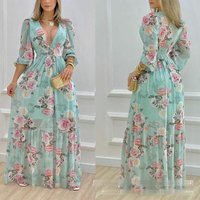 Voghion Women's Printed V Neck Lantern Sleeve Dress