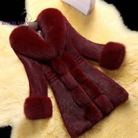 Elegant Faux Fur Coat Long Sleeve V Neck Mid Length Winter Jacket Detachable Fur Collar Red Black White Green Grey Khaki