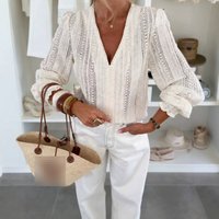 Clothing V Neck Long Sleeve Shirt Top Lace Trim Spring Summer Clothing