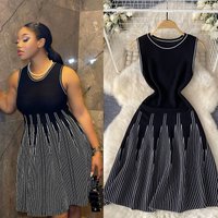 Clothing Simple Sleeveless Round Neck Striped Knitted Dress Female Summer Waist Design Niche Fairy Mid Length Skirt