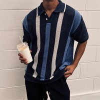 Clothing Summer Breathable Hollow Vertical Stripes Matching Knitted Polo Shirt Version Light Mature Design Lapel Short Sleeve