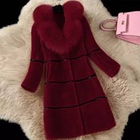 Clothing Autumn Winter Spliced fur All One Mid Length Fox Fur Collar Coat Fur Jacket