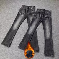 Men's High Street Black Grey Washed Slim Fit Straight Retro Flared Jeans With Fleece Lining For Winter Fashion
