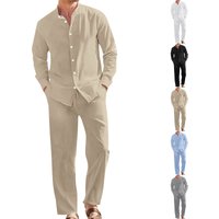 All Season Linen Casual Two Piece Set Stand Collar Long Sleeved Shirt Loose Fitting Trousers Comfortable Cotton Polyester Suit