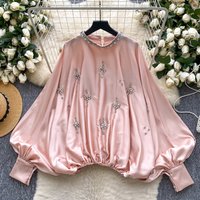 Luxury Embellished Round Neck Blouse – Oversized Lantern Sleeves & Satin Waist Defining Top Fall 
