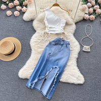 Women's Drawstring Lace-up Slouchy Vest Irregular Raw Edge Split Denim Half-body Skirt Two Piece Set